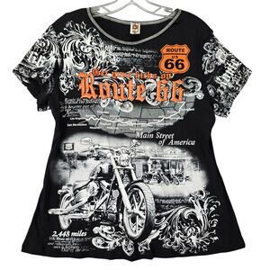 Big Bang Route 66 Black Motorcycle Shirt Graphic Short Sleeves Tee Womens Size L